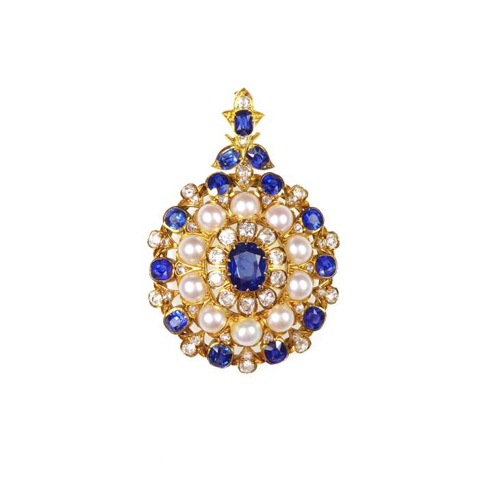19th century sapphire, pearl and diamond target cluster pendant brooch